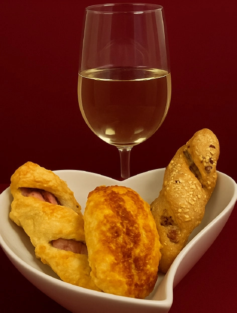 Pausensnack mit einem Glas Weißwein